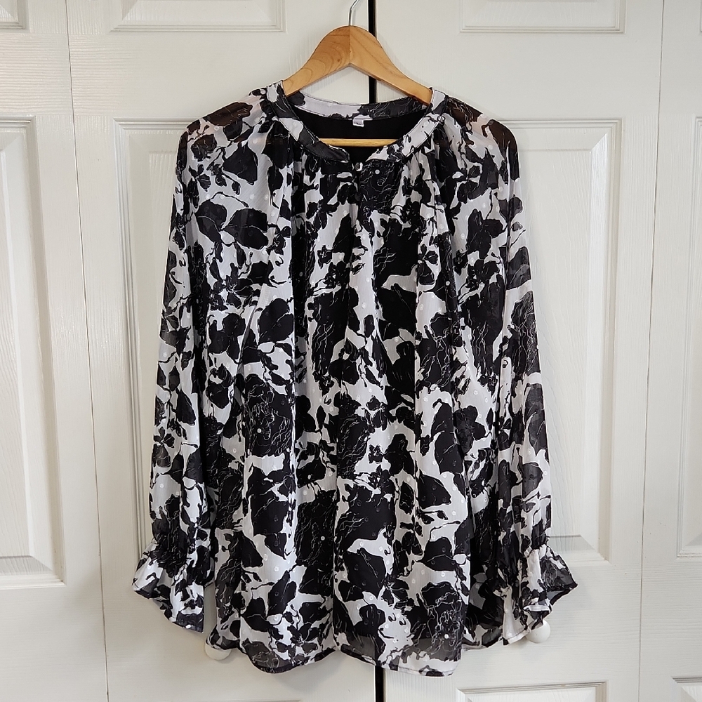 Design In Italy‎ Black & White Floral Blouse Size XL Sheer Balloon Office Party